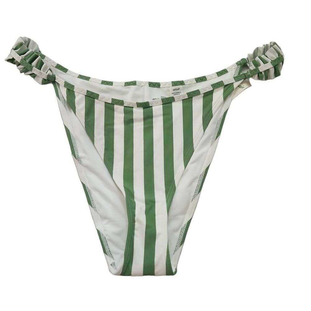 Aerie Women's Size Large White Green Stripe Ruffle Side Cheekiest Bikini Bottom